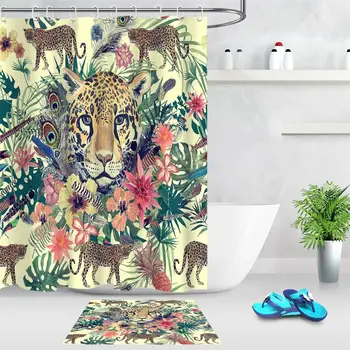 Ručne Ťahané Akvarel Vintage Štýl, Sprchový Záves Závesné Látkové Leopard Perie Kvety, Listy, Tlač Kúpeľňa Opony Mat 42696