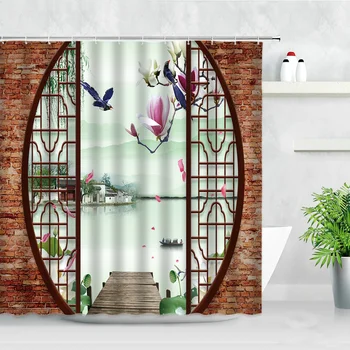 Ružová Lotus Čínsky Štýl, Sprchový Záves Zelené Listy Retro Tehlovej Steny Vzor Tvorivé Moderná Kúpeľňa Opony Nepremokavé Dekor