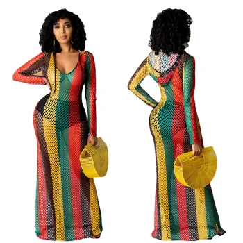 Sexy, Priehľadnej Sieťoviny Šaty Žien Letné Plážové Šaty Priehľadné Oblečenie Rainbow Prekladané Priesvitných Šatách