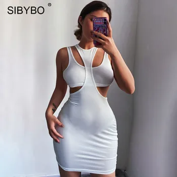 Sibybo Čierne Sexy Bodycon Letné Šaty Ženy Bez Rukávov Cut-Out Tenký Mini Šaty Femme Hot Strany Noc Zábal Nádrž Vestidos 2021