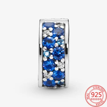Skutočné 925 Sterling Silver Blue Pavé Stanovenie Klip Korálkové Kúzlo Fit Značky Náramky & Náhrdelníky DIY Príslušenstvo Šperky 11741