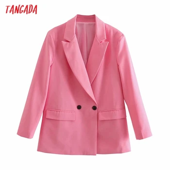 Tangada Ženy Pevné Ružové Sako Kabát Vintage Dvojité Breasted Vrecku 2021 Módne Žena Bežné Elegantné Topy 4M181