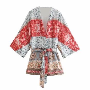 TRAF Za Ženu 2021 Y2k Tlač Kimono Cardigan Košele, Blúzky, Ženy S Pásom s Dlhým Rukávom Vintage Top Žena Letné Beach Kimono