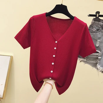 V-neck tenké pletenie žena sveter s krátkymi rukávmi v krku lete ženy svetre a pulóvre bežné tlačidlo pevné sveter 53223