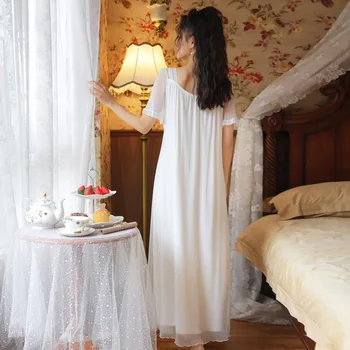 Viktoriánskej Nightgowns Ženy Vintage White Dlhé Nočné Šaty S Čipkou Oka Víla Sleepwear Elegantné Dámy Nighty Domov Negližé Peignoir 48323