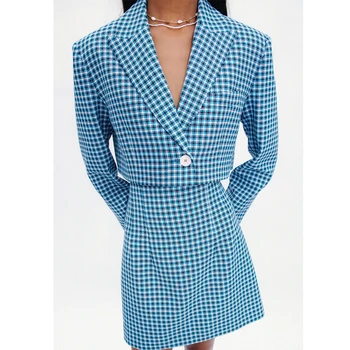 YENKYE Vintage Modré Kockované Sukni, Ženy Strane Zips Vysoký Pás A-line Mini Sukne Dámske Office Faldas Mujer 46511