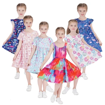 Úplne Nové Dievčenské Letné Šaty Svetlice Rukáv Sundress pre Dievčatá Princezná Bežné Nosenie Jednorožec Tlač Havaj Holiday Beach Šaty 20502