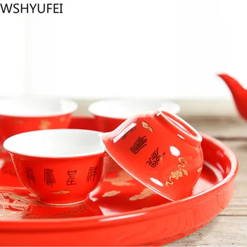 Čínske tradičné svadobné keramické čaj nastaviť Retro červená dvojité šťastie kanvica šálku čaju Newlywed darček Svadobné dodávky WSHYUFEI 47853