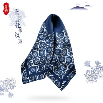 Čínsky štýl, námornícka modrá prirodzený hodvábny šál ženy vytlačené kvet reálne hodváb keper 50 cm malé námestie zábal luxusné dámske darček