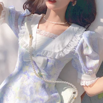 Ženy 2021 Kawaii Elegantný Kvetinové Šaty S Čipkou Sladké Bežné Kórejský Vintage Oblečenie Tlač České Beach Party Mini Šaty Letné