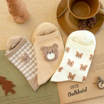 1 Páry Nastavený Uprostred Trubice Medveď Bavlnené Ponožky Pre Ženy, Dievčatá, Jar, Jeseň Cartoon Dizajn A Módne Študent Ponožka