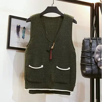 2021 jar nové kórejská verzia bez rukávov sveter ženy pulóver sveter vesta voľné V-neck top