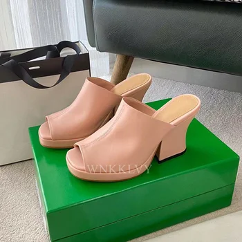 2021 NOVÉ letné robustný vysoké podpätky papuče ženy típat prst topánky móda pláži obuv pre voľný čas dovolenky reálnom kožené sandále