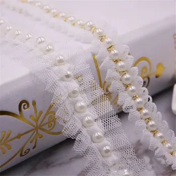 2Yards Vintage White Pearl Korálkové Bavlna Oka Vyšívané Čipky Stuhou Výbava Afriky Čipky Textílie Ručné Svadobné Šaty, Šitie