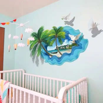 3D Pláž Coconut Tree Vtákov Samolepky na Stenu Domova Deti Izby Obývacia Izba Dekorácie, Tapety, PVC Rastliny DIY Art Nástenné Plagát