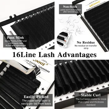 Abonnie 16rows Jednotlivých Lash Extension Prírodné Ručne Premium Noriek Rias 8~17 mm Mix make-up Hodváb Lash Rozšírenia