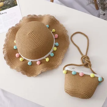 Batoľa Detská Dievčatá Hairball Beach Sun Hat + Taška cez Rameno Lete Dieťa Slamený Klobúk casquette enfant čiapky pre deti Klobúk pre Dievča