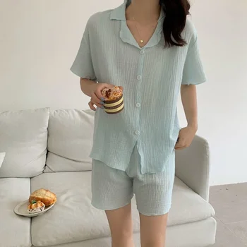Bavlna Odev kórejský Pyžamá pre Ženy Lete Komplet Pyžamo Femme Pure Color Jednoduchosť Pijamas Krátky Rukáv Salónik Nosenie