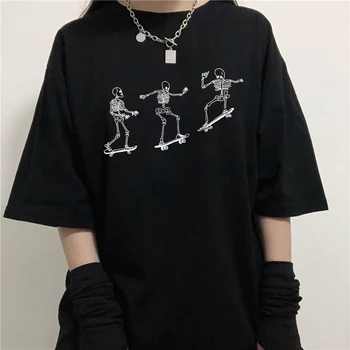 Gotický Skateboard Lebka Vtip Bežné Krátke rukávy Voľné Ženy T-shirt Harajuku Hip-hop Vintage Topy Veľká Veľkosť Ulzzang Tees