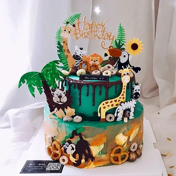 Happy Birthday Cake Vňaťou Jungle Safari Zvieratá Cake Decor Žirafa, Lev Cake Decor Happy Birthday Party Dekor Deti Chlapci Dievčatá