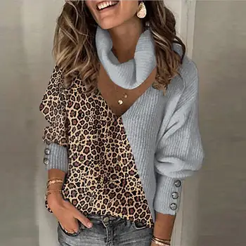 Jarné dámske Pulóvre Dámske Svetre Úrad, Mozaika Oblečenie Elegantné Módne Leopard Svietidla Rukáv Lady Turtleneck Topy