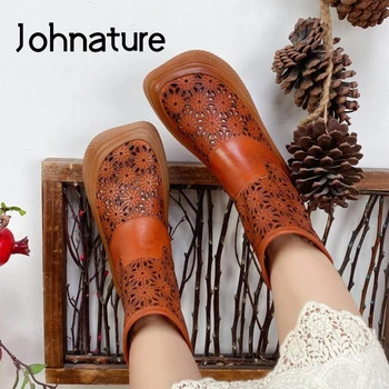 Johnature Retro Topánky Ženy Letné Sandále, Topánky Pravej Kože 2021 Nové Zip Duté Stručné Ručné Šitie Platformu Sandále