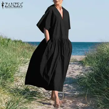 Kaftan Pevné Maxi Šaty dámske Letné Sundress ZANZEA 2021 Bežné Polovičný Rukáv Vestidos Žena V Krku Župan Femme Nadrozmerné