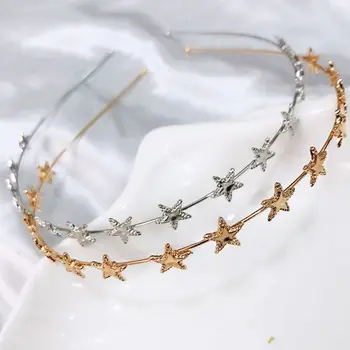 Kórejský Dámy Lesk Kovové Zlato Striebro Tenké Hlavový Most Pentagram Star Charms Dekor Vlasy Hoop Princezná Narodeninovej Party Headpiece