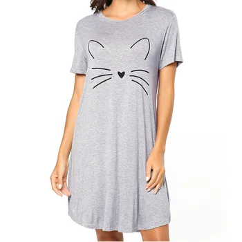 Letné Šaty Žena Sleepwear Nightgowns O-Krku Krátky Rukáv Nocné Košele Vytlačené Cute Cat Spánku Košele Voľné Plus Veľkosť Šaty
