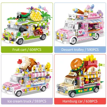 Mesto Mini Stavebné Bloky Ice Cream Stanovuje Model Priateľmi Pretekárske Vozidlo Hot Dog Camping Auto Tehly Hračky Pre Deti Darček