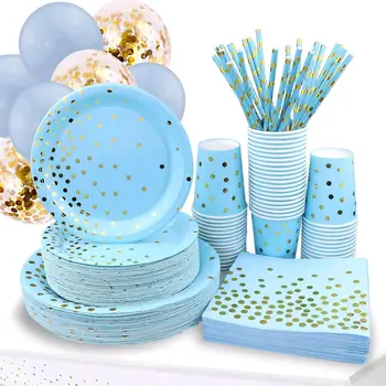 Modrá Samoopaľovacie zlatá bodka Svadobné party riad nastaviť papier pohár doska pre Jednorázový riad narodeninovej party dodávky dekorácie