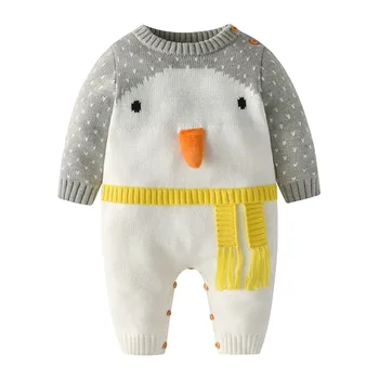 Novonarodené dieťa, batoľa dievča zimné oblečenie roztomilý tučniak pletený sveter bavlna sveter dieťa, chlapec, dievča romper
