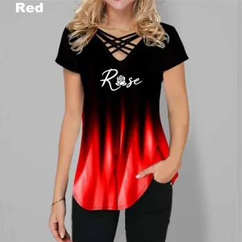 Nové dámske Letné Módy Rose Bežné Krátke Sleeve T-shirt Gradient Farebná Blúzka Voľné Plus Veľkosť Topy