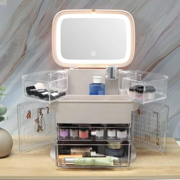 Nové Kozmetické Úložný Box Zrkadlo S Led Osvetlenie Pracovnej Plochy Make-Up Organizátor Prípade Protiprachová Zásuvky Typu Organizátor Pre Kozmetiku