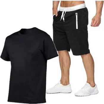 Nové pánske letné značky vyhovovali priedušná pohodlné bežné nosenie fitness športové krátke rukávy T-shirt + šortky 2-dielna sada S-XXL