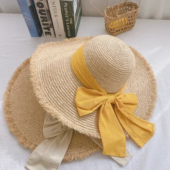 Nový Veľký Široký Okraj Raffia Slamený Klobúk Žena Letné Módne Farby Stuhou Luku Kapoty Enfant Ženy Holiday Beach Sun Hat Vysokej Kvality