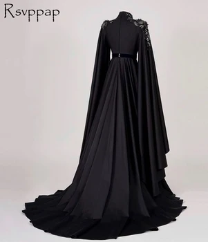 Perlové Dlhý Rukáv, Čierna Dlhé Večerné Šaty 2021 Elegantné Vysoká Krku Satin A-line v Dubai Moslimských Žien Strana Formálne Večerné Šaty