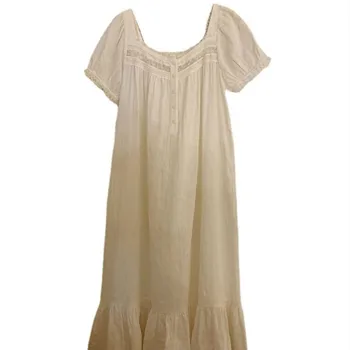 Princezná Vintage Dlho Nightgowns Lete Ženy Krátke Rukávy Noc Šaty S Čipkou Dievčatá Sladké Francúzsky Štýl Voľný Čas Doma Šaty