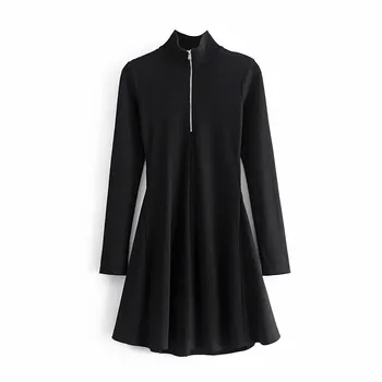 PSEEWE Jarné Šaty 2021 Za Čierna Rebrovaný Zip Krátke Šaty Žien Bežné Vysoký Krk Dlhý Rukáv Šaty Žena Streetwear Módy