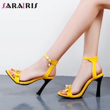 SARAIRIS Nové Módne Žena Plus Veľkosť 32-50 Sandále Ženy Hrubé Vysoké Podpätky Perličiek Zrelé Sexy Sandále 2021 Letné Topánky Žena