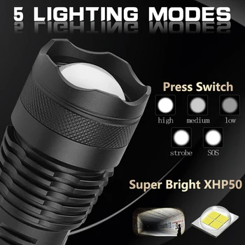 Silné Svetlo XHP50 LEDZoom Baterka Power meter Lov najsilnejší Usb Nabíjateľná Baterka 18650 or26650 Batérie