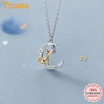 TrustDavis Reálne 925 Sterling Silver Módne Sladké Mesiac Mačka CZ Náhrdelník Prívesok Pre Ženy Svadobný Deň matiek Šperky DA2041