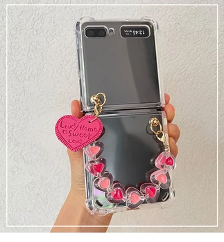 Tvorivosť DIY Kožené Kúzlo Srdce Náramok obal Pre Samsung Galaxy Z Flip Láska Prenosné Reťazové Shockproof Transparentné puzdro