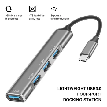 Typ C HUB Mini 4 Porty USB 3.0 pre Rýchly Nabíjací Adaptér Splitter Hliníkovej Zliatiny Prenosný Napájací zdroj ROZBOČOVAČ pre Notebook Mouse