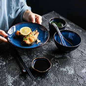 V japonskom štýle Deep Blue Keramické Steak Doska Stolový Porcelánový Riad Večera Súbor Tanier dezertný Polievkové Misy Šálku Čaju Omáčkou Jedlo