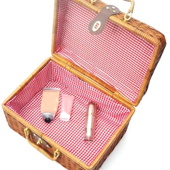 Vintage Prenosné Ratten Skladovanie Kufor Vidieckom Štýle Make-Up, Kozmetické Ručné Organizácie Box Ženy Cestovanie Piknik Batožiny Box