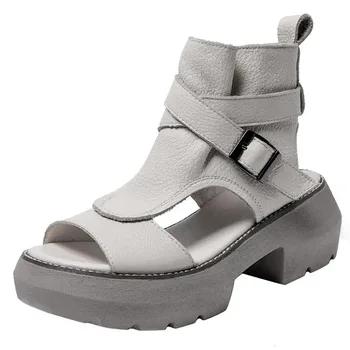 Vrchná vrstva cowhide pekný moderný pracky Roman topánky kožené hrubé dno 2021 letné nový high-top hrubé-podpätky dámske sandále
