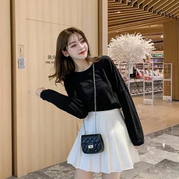 Vysoký pás skladaná sukňa žena lete nové anti-glare black slim sukne študent hip športové sukne kórejský štýl biele sukne