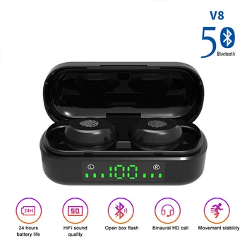 YAMIZOO V8 TWS Bezdrôtové Slúchadlá Bluetooth 5.0 9D Basy Stereo Vodotesné Slúchadlá Handsfree Headset S Mikrofónom Nabíjania