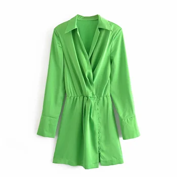 Za 2021 Zelené Tričko Šaty Žien Vintage Klope Dlhým Rukávom Letné Šaty Elegantné Predné Zloženke Elastický Pás Office Dámske Mini Šaty